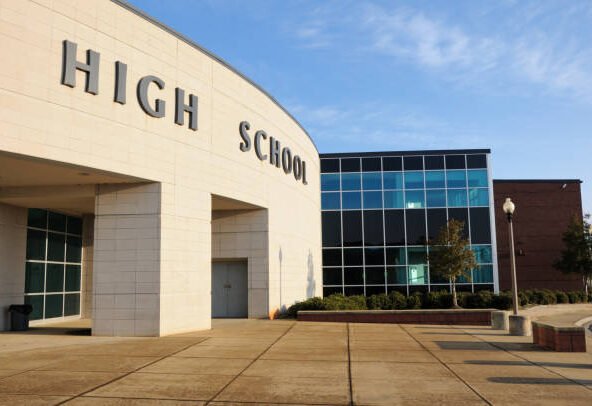 Entrance to modern high school with copy space